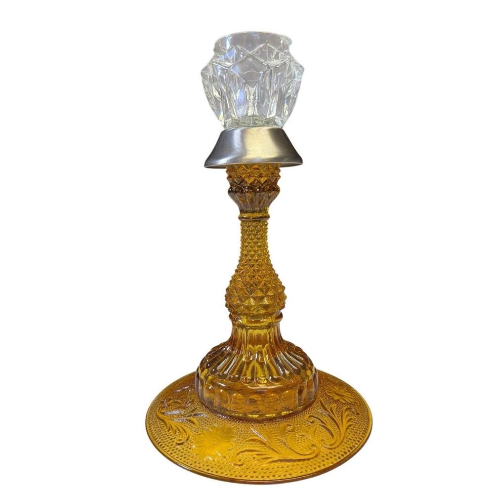 Vintage Amber‎ Pressed Glass Candlestick Holder Floral Base Glass Prism Top